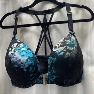 Cacique Black and Blue Floral Bra with Strappy Design